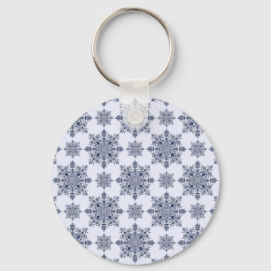 Blue Snowflake Damask Pattern Key Ring