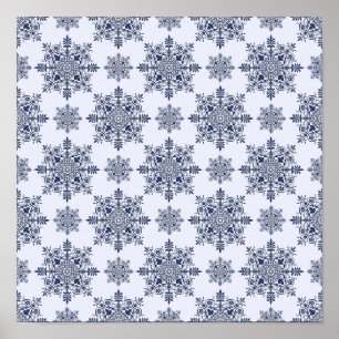 Blue Snowflake Damask Pattern Poster