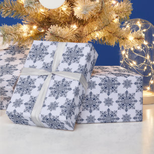 Blue Snowflake Damask Pattern Wrapping Paper