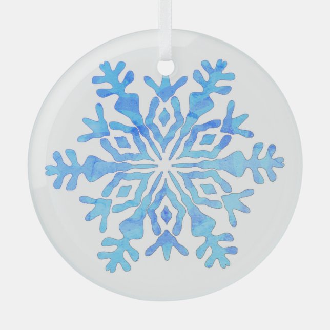 Blue snowflake design on a glass ornament (Front)