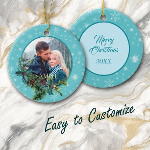 Blue Snowflake Evergreen Frame Photo Ceramic Tree Decoration