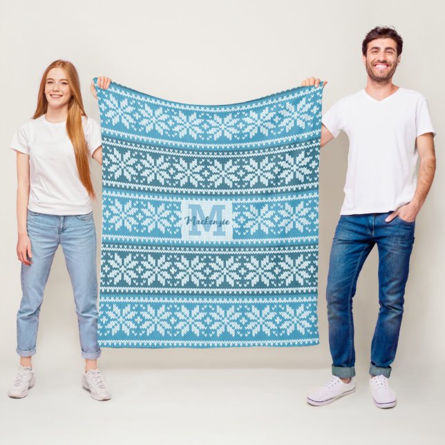 Blue Snowflake Faux Knit Sweater Monogram Name Fleece Blanket (In Situ)