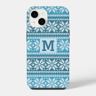 Blue Snowflake Faux Knit Sweater Pattern Monogram  iPhone 14 Case