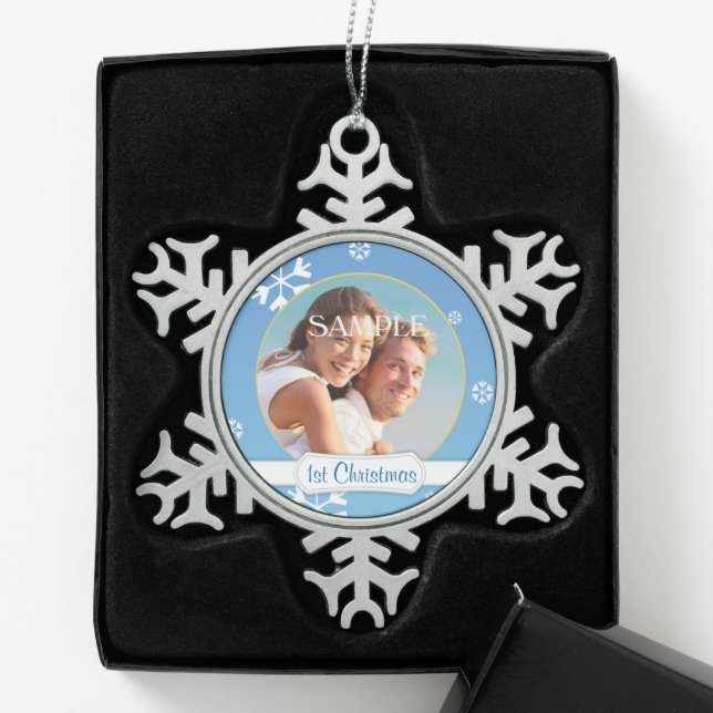 Blue Snowflake First Christmas Template Snowflake Pewter Christmas Ornament (Box)