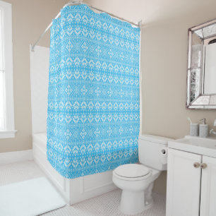 Blue Snowflake & Floral Fair Isle Christmas Shower Curtain