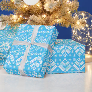 Blue Snowflake & Floral Fair Isle Christmas Wrapping Paper