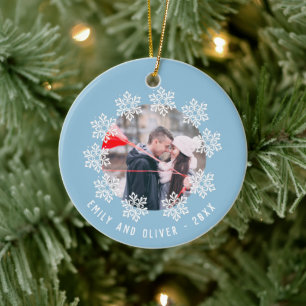 Blue Snowflake Frame Couple Keepsake Photo Ceramic Tree Decoration