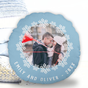 Blue Snowflake Frame Couple Keepsake Photo Round Cushion