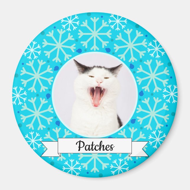 Blue Snowflake Frame Customisable Kitty Magnet (Front)