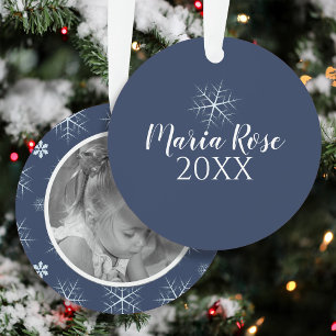 Blue Snowflake Kids Photo Personalised Christmas Metal Tree Decoration