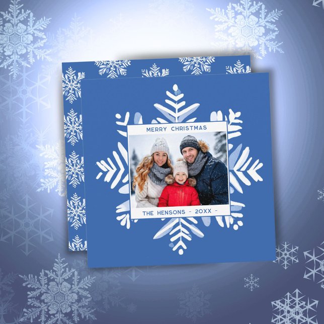 Blue Snowflake Merry Christmas Family Photo Holiday Card (Creator Uploaded)