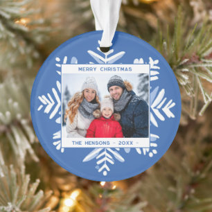 Blue Snowflake Merry Christmas Family Photo Ornament