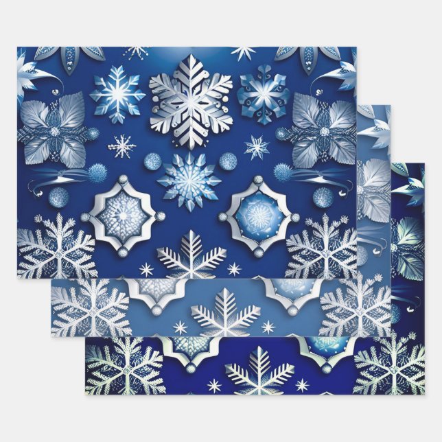 Blue Snowflake Motif Collection Wrapping Paper Sheet (Set)