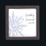 Blue Snowflake on White Winter Wedding Gift Box<br><div class="desc">The elegant Blue Snowflake on White Winter Wedding Gift Box can be personalised with the names of the bride and groom and their December, January or February marriage ceremony date to create a keepsake gift for the newlyweds, bridesmaids and bridal attendants. This festive winter wonderland theme trinket box features a...</div>