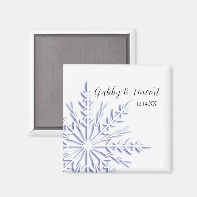 Blue Snowflake on White Winter Wedding Magnet (Front/Back)