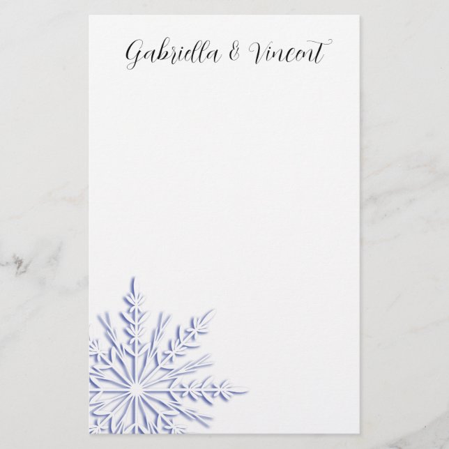 Blue Snowflake on White Winter Wedding Stationery (Front)