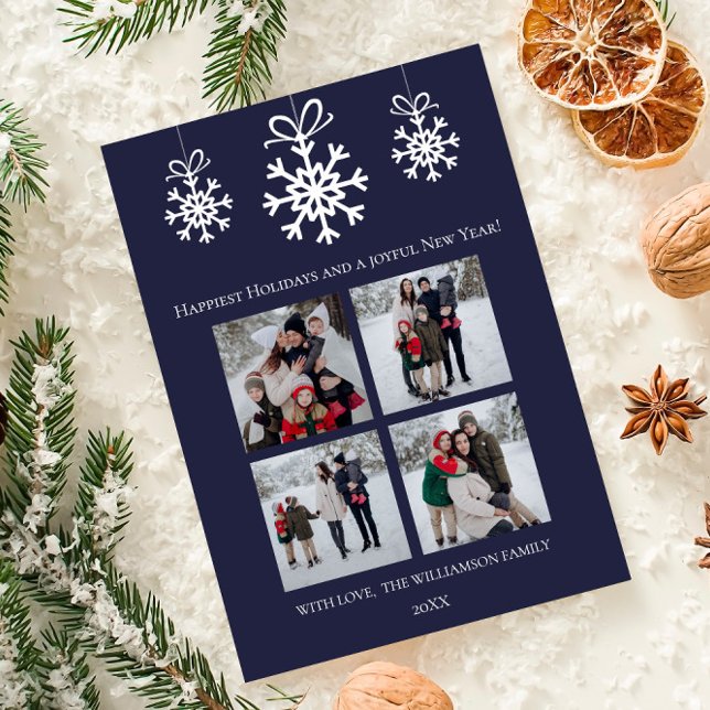 Blue Snowflake Ornaments Photo Collage Holiday Card (Blue Snowflake Ornaments Photo Collage Holiday Card)