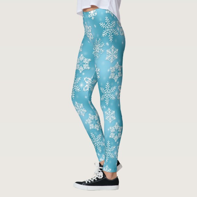 Blue snowflake pattern Holiday Christmas leggings (Left)