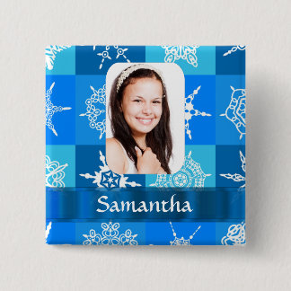 Blue snowflake pattern photo template 15 cm square badge