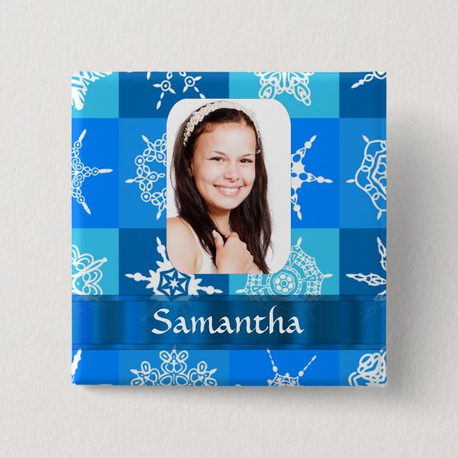Blue snowflake pattern photo template 15 cm square badge (Front)