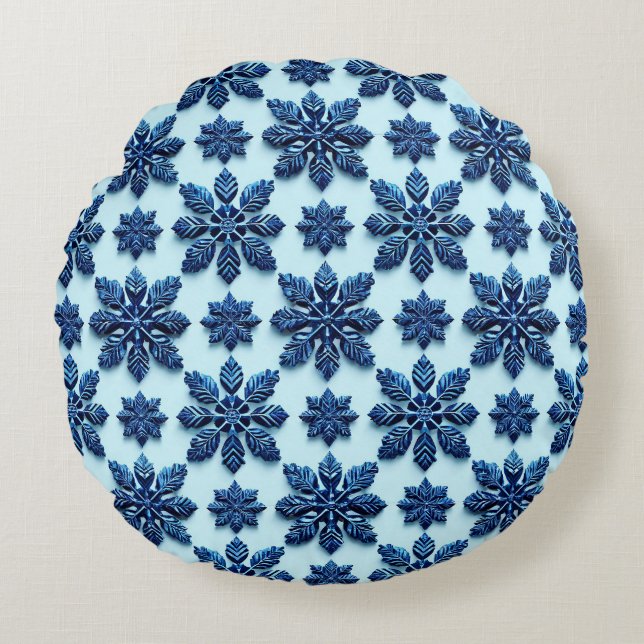 Blue Snowflake Patterned Background Round Cushion (Front)