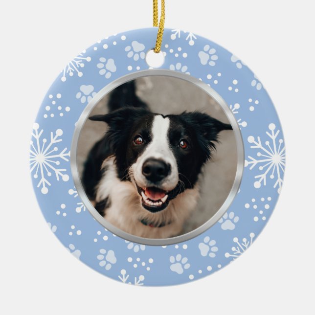 Blue Snowflake Paw Pattern Pet Photo Ceramic Tree Decoration (Front)