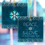 Blue Snowflake Peace Joy Love Custom Name Modern Ceramic Ornament<br><div class="desc">“Peace, joy & love.” This ornament, with a fun, playful, snowflake illustration and modern typography on a rich, deep teal blue marble watercolor background helps you usher in the holiday season. White confetti dots frame complete the look. On the back is a giant turquoise and white snowflake. Feel the warmth...</div>