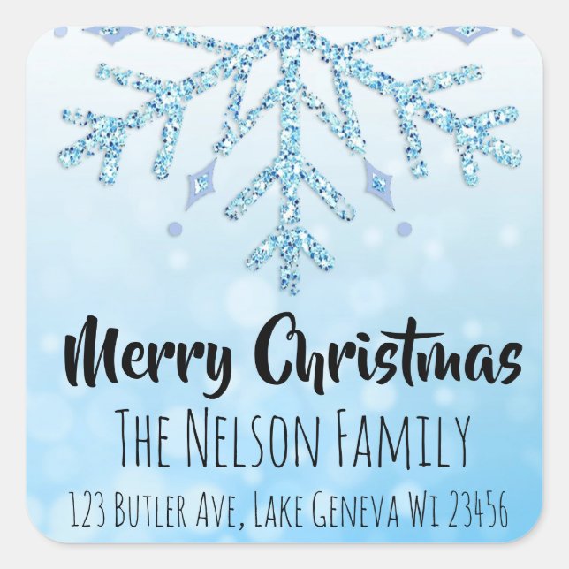 Blue Snowflake Personalised Christmas Square Sticker (Front)