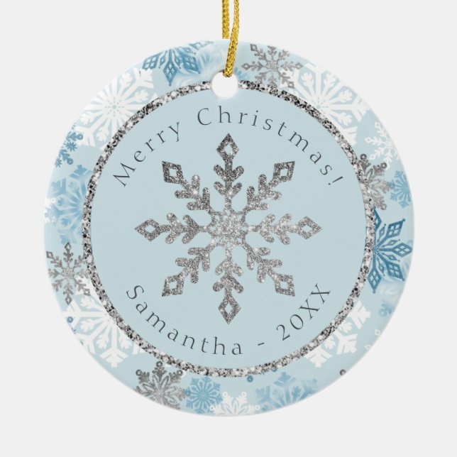 Blue Snowflake Personalised Name Date Ceramic Tree Decoration (Front)