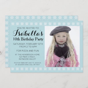 Blue Snowflake Photo Birthday Invitation