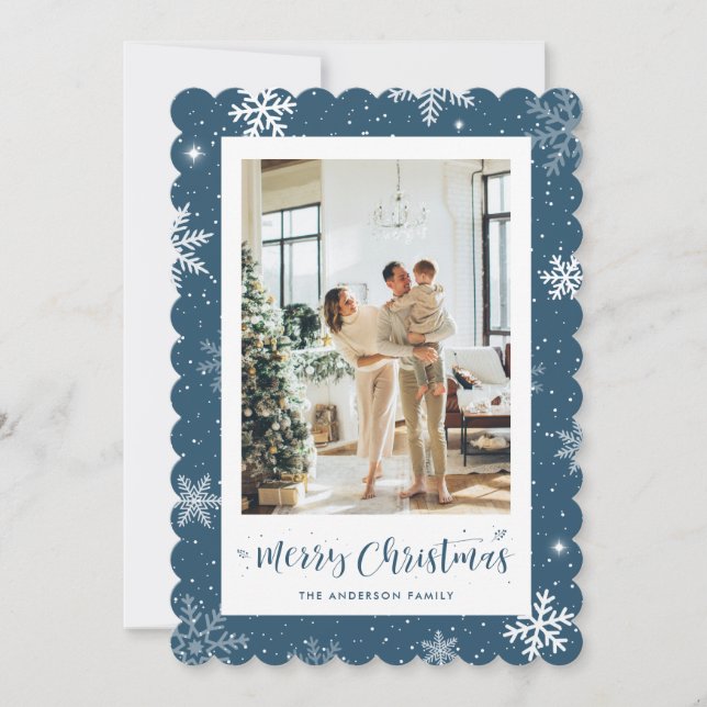 Blue Snowflake Photo Merry Christmas Holiday Card (Front)