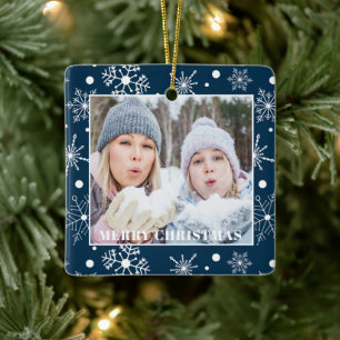 Blue Snowflake Photo Name Christmas Ornament