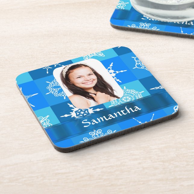 Blue snowflake photo template coaster (Left Side)