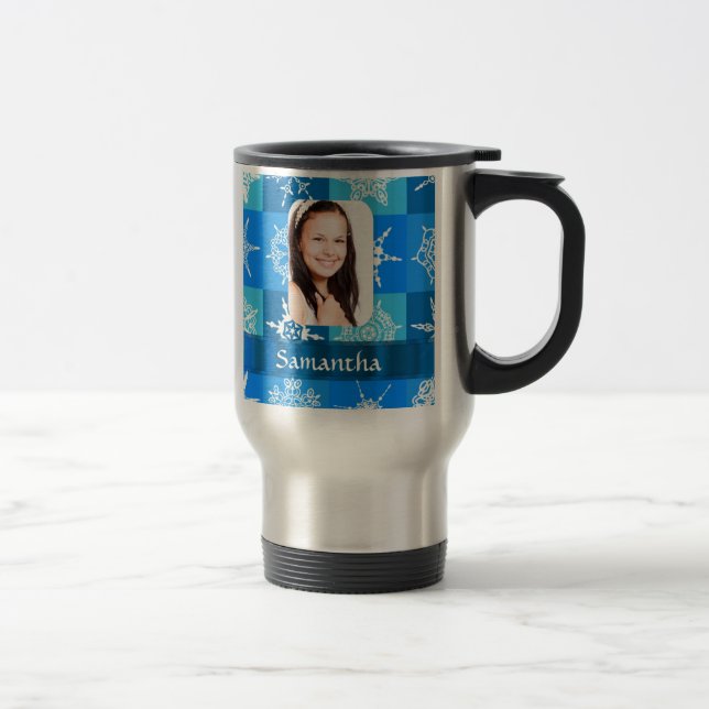 Blue snowflake photo template travel mug (Right)