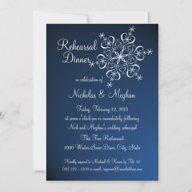 Blue Snowflake Rehearsal Dinner Invitation (Front)