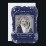 Blue Snowflake Rustic Wood Holiday<br><div class="desc">This card is designed with all the winter elements you need to showcase your best photo! Theres a blue background,  white snowflakes,  and a rustic wood back. Customise with your own photo and family names. You can even customise the greeting on top to say anything you want!</div>