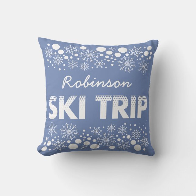 Blue Snowflake Ski Trip Pillow (Front)