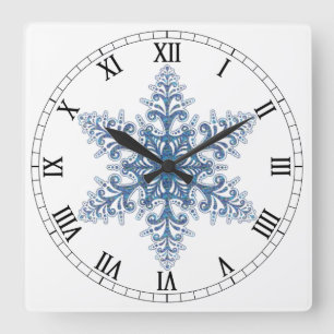 Blue Snowflake Square Roman Numerals Clock