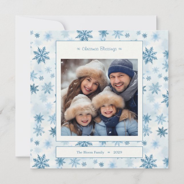 Blue Snowflake Square Watercolor Family Photo Holiday Card (Front)