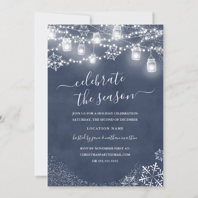 Blue Snowflake String Lights Red Christmas Invitation (Front)