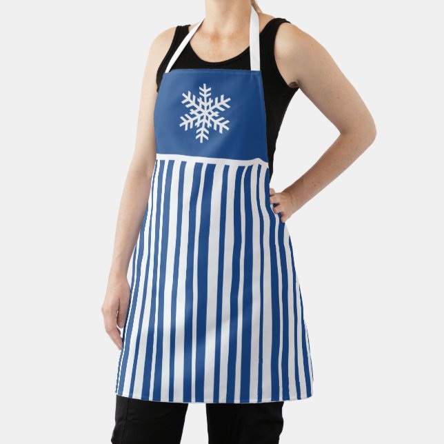 Blue Snowflake Striped Lines Christmas Holiday  Apron (Insitu)