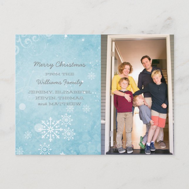 Blue Snowflake Swirls Holiday Photo Postcard (Front)