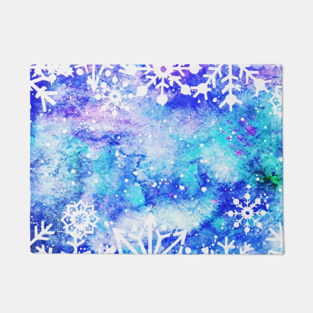 Blue Snowflake Watercolor Doormat (Front)