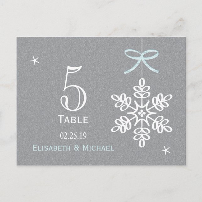 Blue Snowflake Wedding Reception Table Number Card (Front)