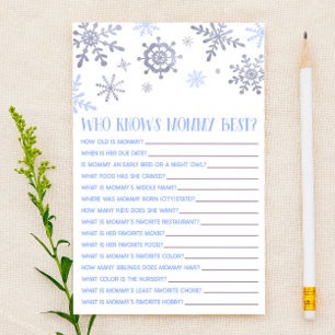 Blue Snowflake Who Knows Mummy Baby Shower Game Stationery