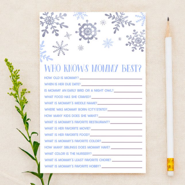 Blue Snowflake Who Knows Mummy Baby Shower Game Stationery (Creator Uploaded)