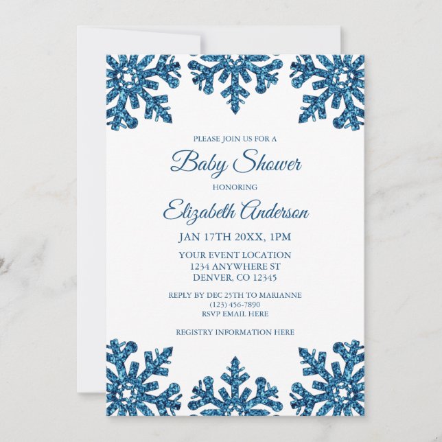 Blue Snowflake Winter Baby Shower Invitation (Front)
