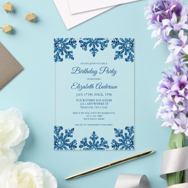 Blue Snowflake Winter Birthday Party Acrylic Invitations (Insitu (Wedding))