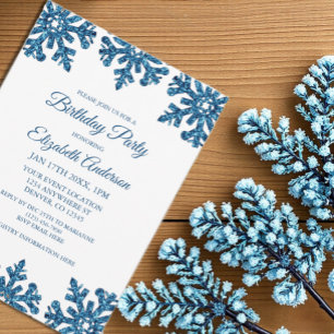 Blue Snowflake Winter Birthday Party Invitation
