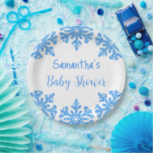 Blue Snowflake Winter Boy Baby Shower Paper Plate